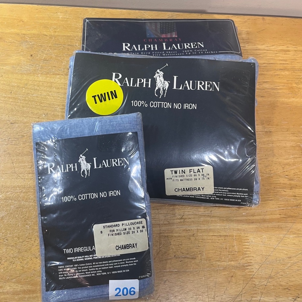 Ralph Lauren Twin Sheet Set Blue Chambray Vtg Cotton 4pc Flat Fitted Pillowcases